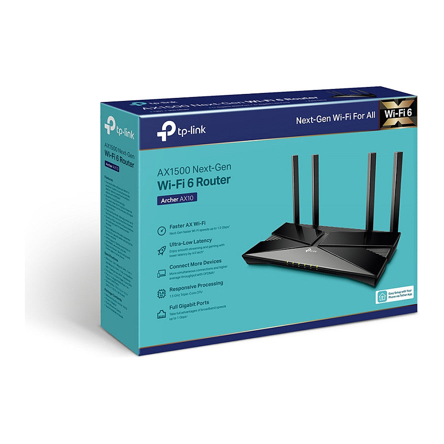 TP-LINK Archer AX10 - Wi-Fi 6 (802.11ax) - Dual-Band (2.4 GHz/5 GHz) - Eingebauter Ethernet-Anschluss - Schwarz - Tabletop-Router