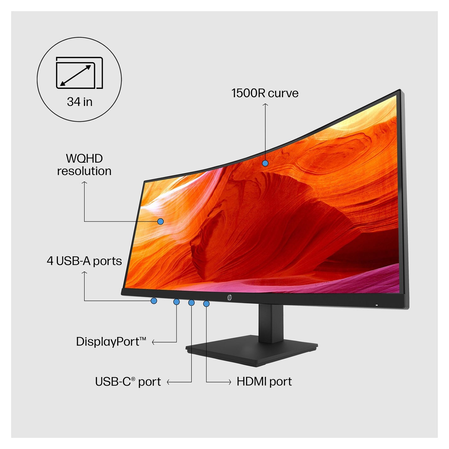 86.36cm/34'' (3440x1440) HP P34hc G4 Curved 21:9 5ms 60Hz HDMI DisplayPort USB-C VESA Speaker WQHD Black