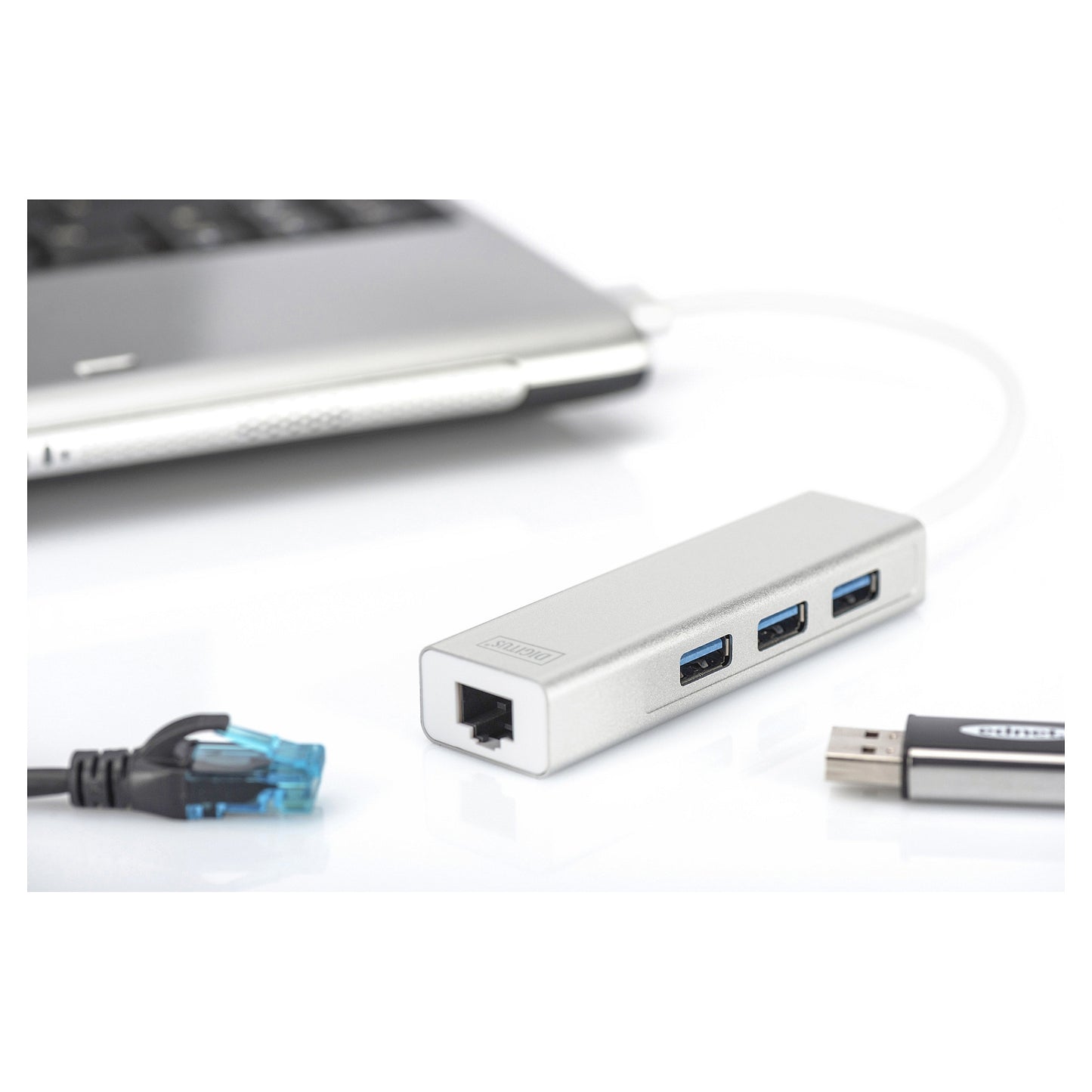 DIGITUS USB-Hub 3-Port 3.0->3xA3.0 1xLAN integr. Kabel we