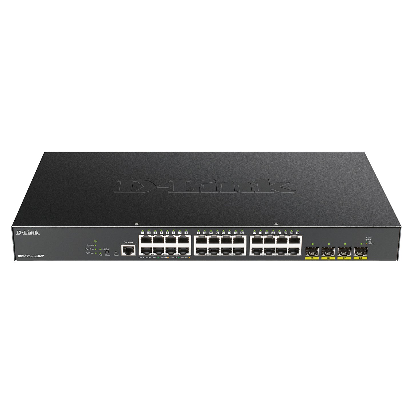 DGS-1250-28XMP/E 28-Port Smart Managed PoE+ Gigabit Switch 24x 10/100/1000BASE-T PoE 4x 10-Gigabit-Port (SFP+)