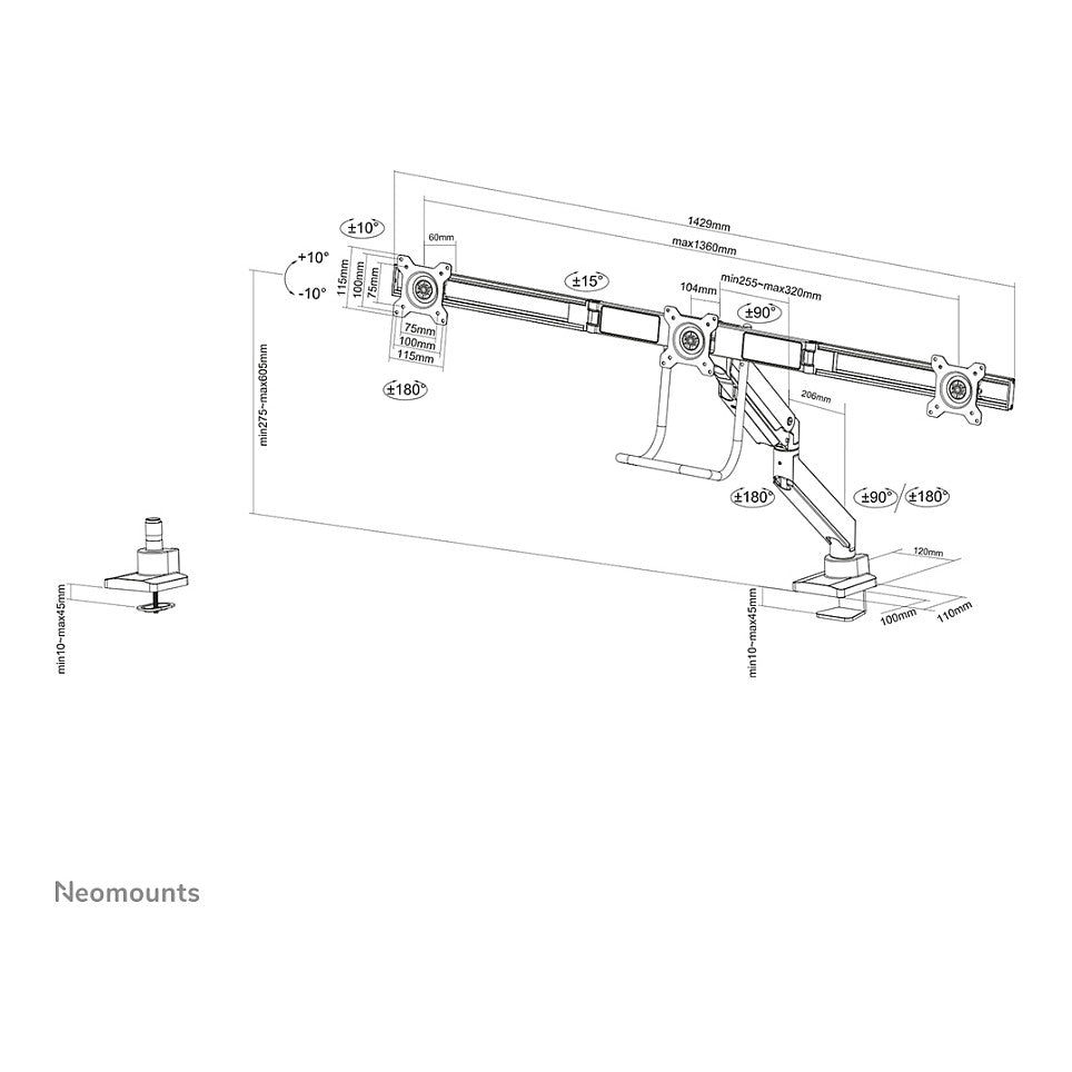 Neomounts NM-D775DX3BLACK Tischhalterung mit Tischhalterungsgriff für drei Flachbildschirme bis 27" (68.6 cm)