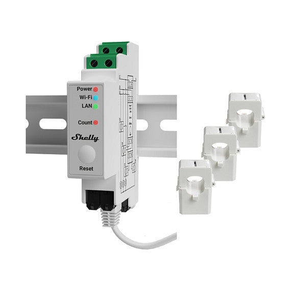 Shelly Relais "Pro 3EM 120A" WLAN LAN Stromzähler Inkl. 3x 120A Klemmen Messfunktion BT DIN-Rail