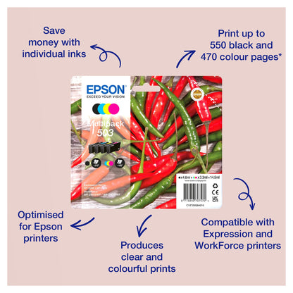 Epson Tinte 503 C13T09Q64010 4er Multipack (BKMCY) bis zu 165 Seiten