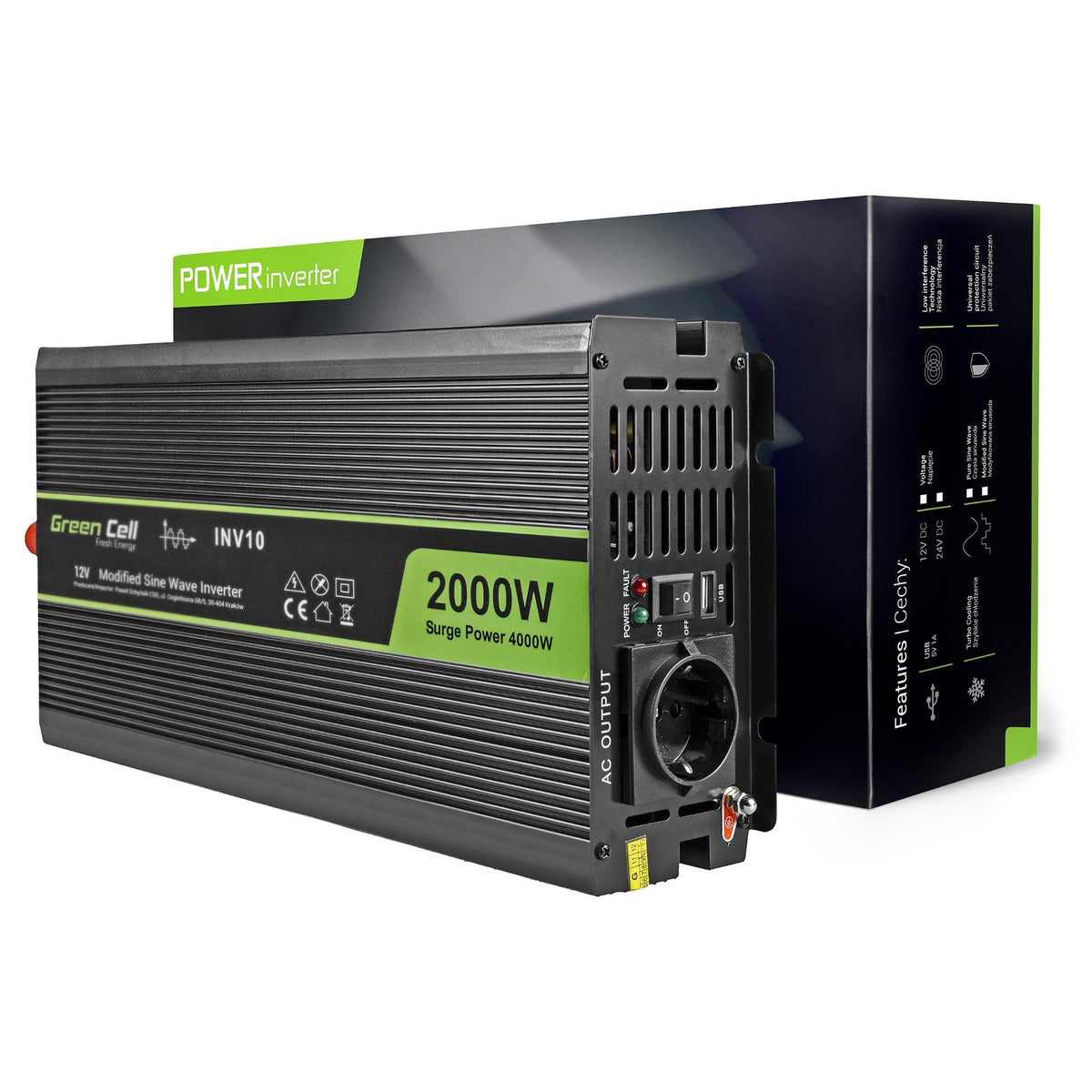 Green Cell Spannungswandler Power Inverter 12V > 230V 2000/4000W Black