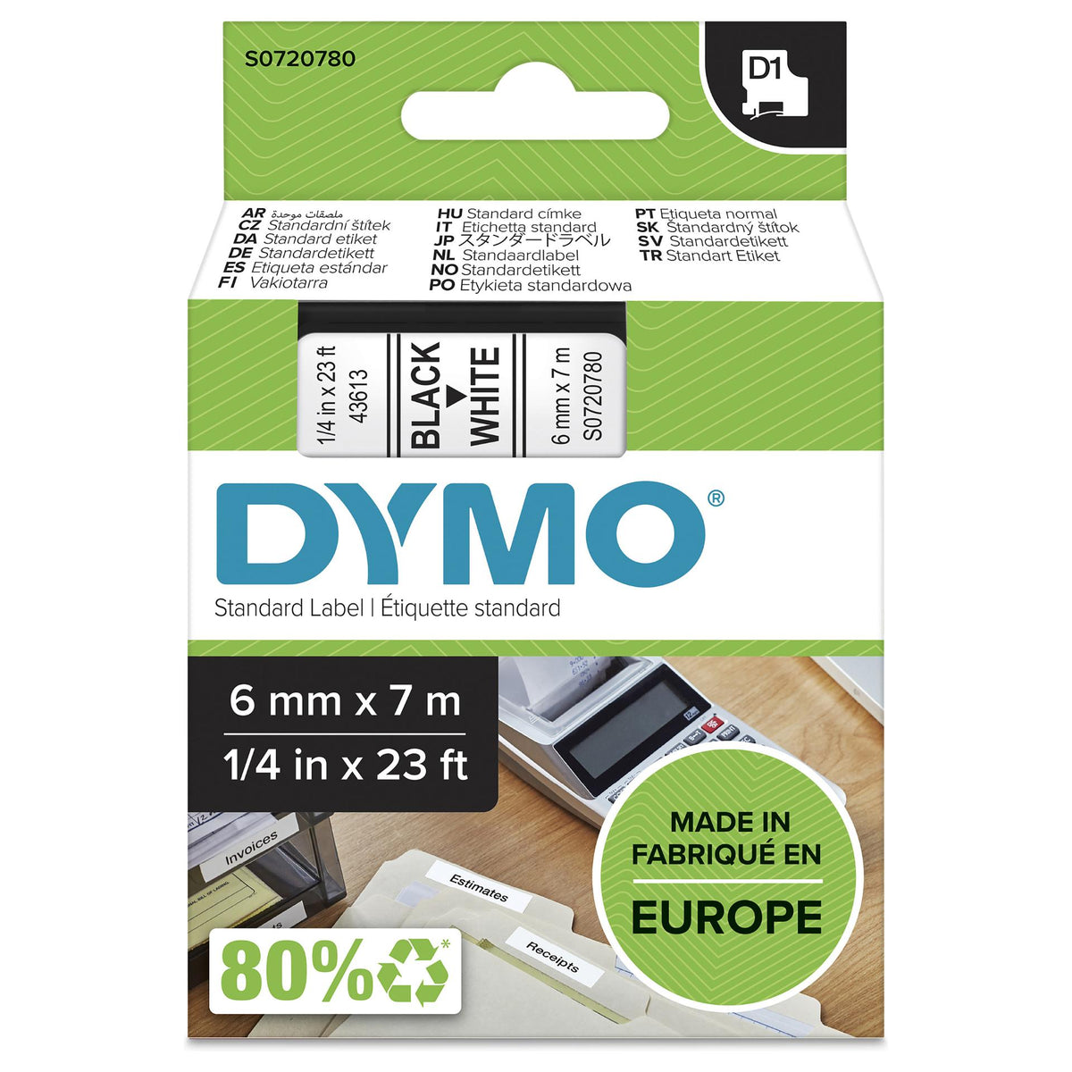 Dymo LabelWriter - D1 Etiketten Selbstklebend - 6 mm x 7 m - Schwarz auf Weiß (S0720780)