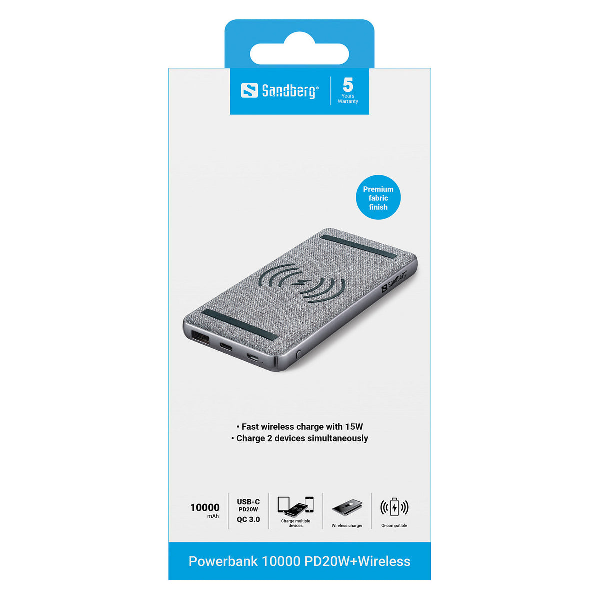 Sandberg 420-61 Wireless Powerbank 10000mAh 20W QC3.0 USB-A/USB-C Grau