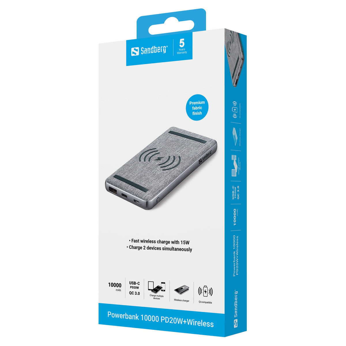Sandberg 420-61 Wireless Powerbank 10000mAh 20W QC3.0 USB-A/USB-C Grau