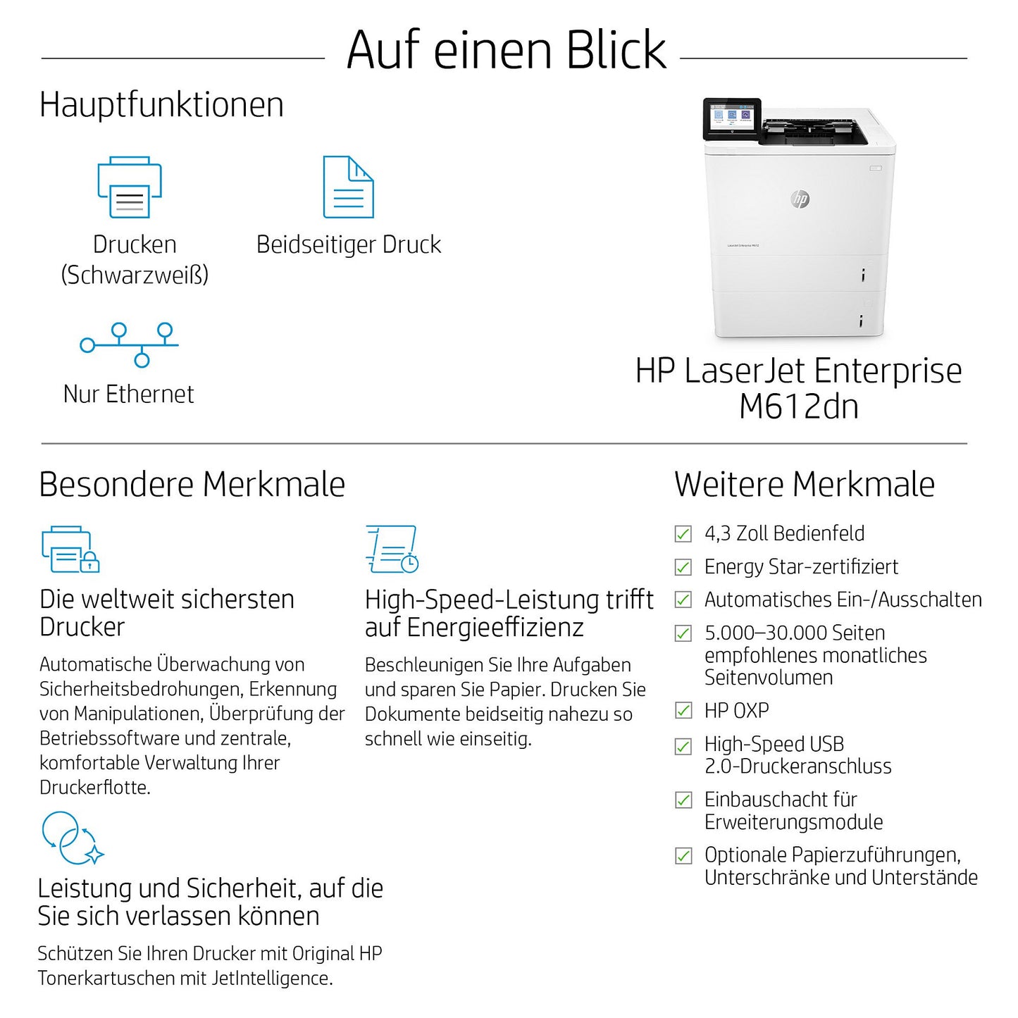 L HP LaserJet Enterprise M612dn S/W-Laserdrucker 71 S./Min. LAN Duplex