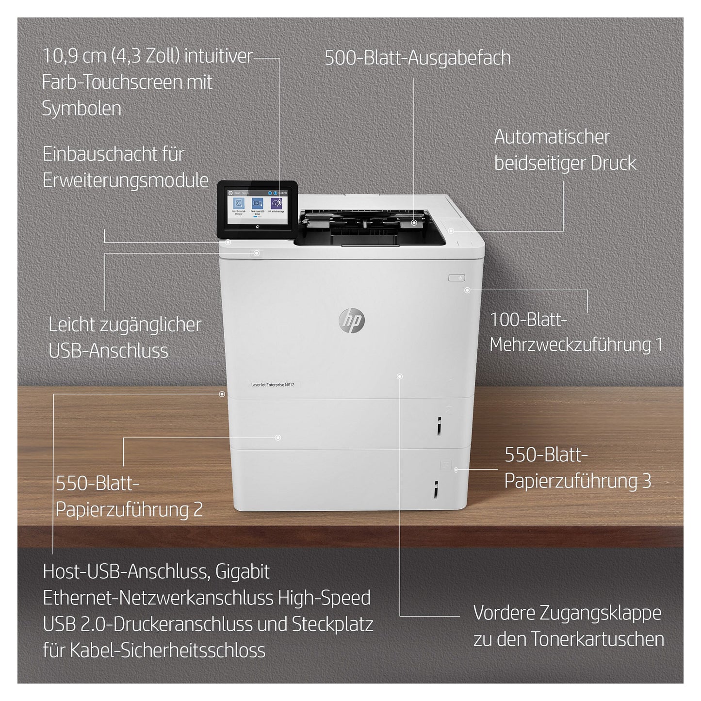 L HP LaserJet Enterprise M612dn S/W-Laserdrucker 71 S./Min. LAN Duplex