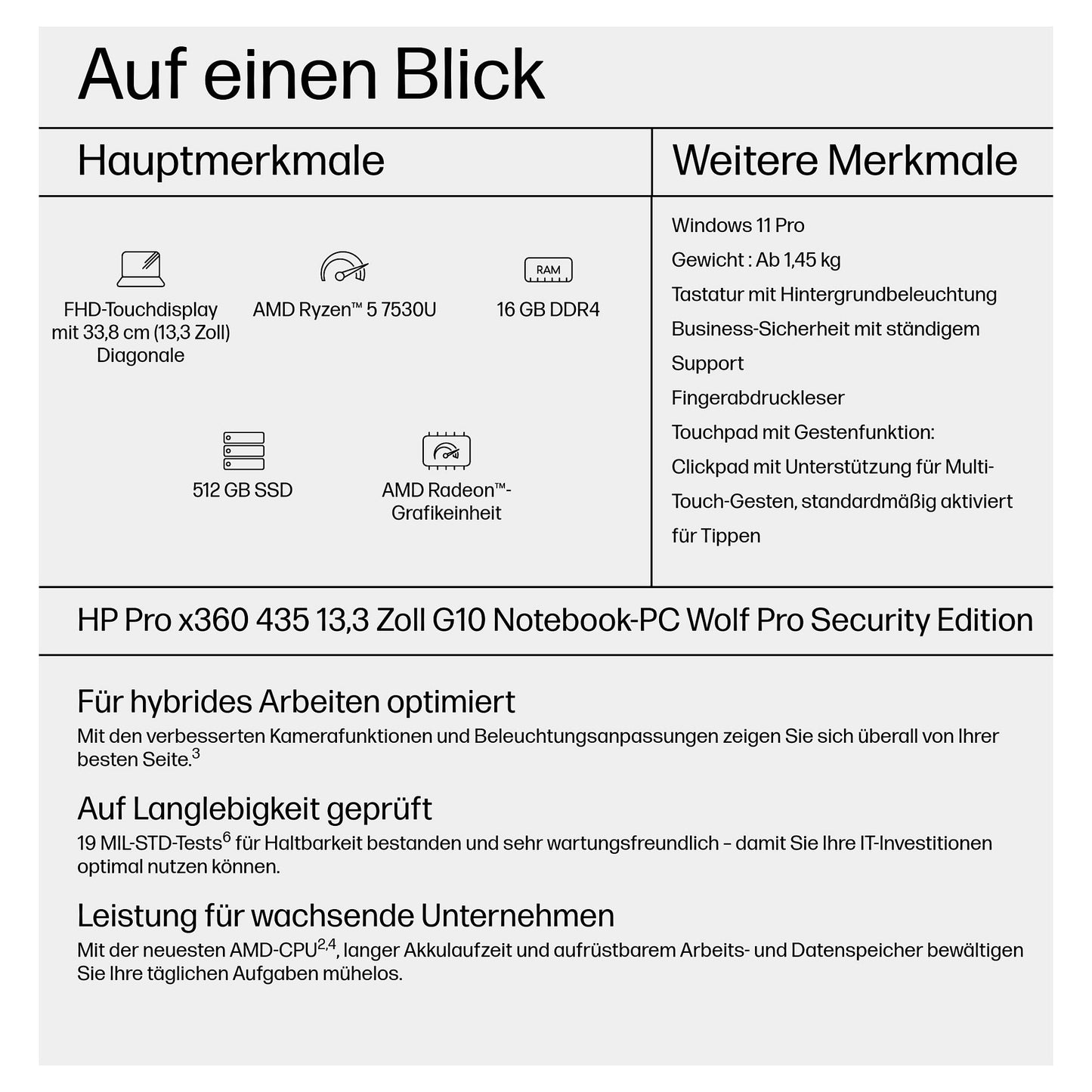 HP Pro x360 435 G10 AMD Ryzen 5 7530U 33,8cm 13,3Zoll FHD 1x16GB 512GB/PCIe NVMe/SSD Wi-Fi 6E FPR W11P 3J Gar SmartBuy+ (DE)