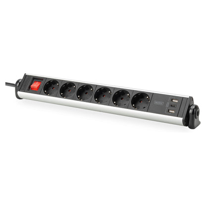 Digitus 6-Fach Steckdosenleiste mit 2xUSB-A; 1xUSB-C und Schalter Schwarz/Silver