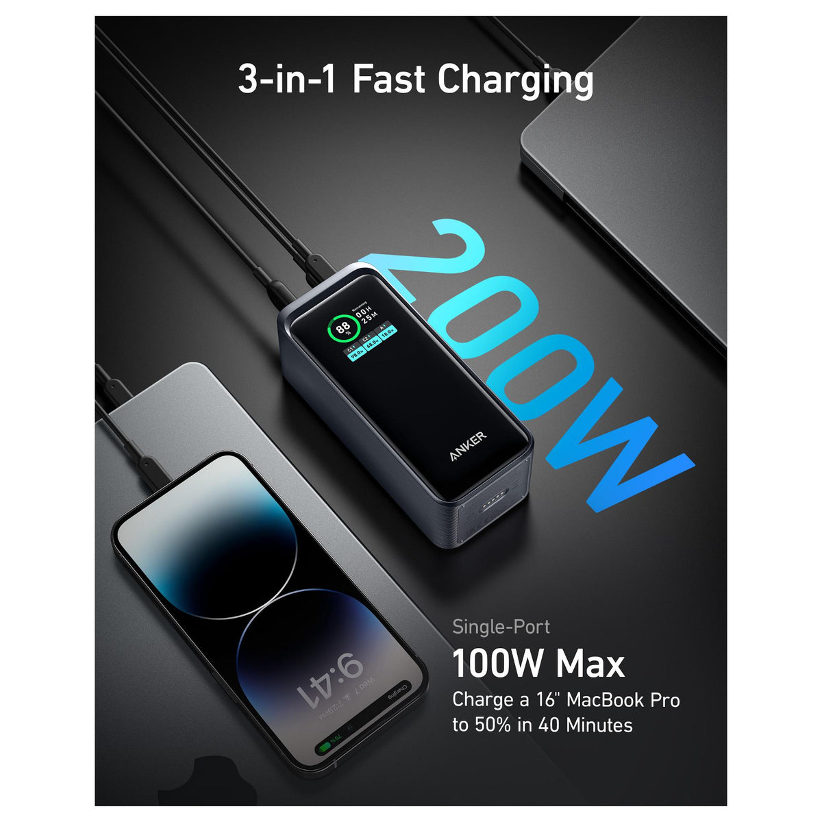 Anke Prime PowerBank 20.000mAh (200W) schwarz 2x USB-C 1x USB-A inkl. Display black