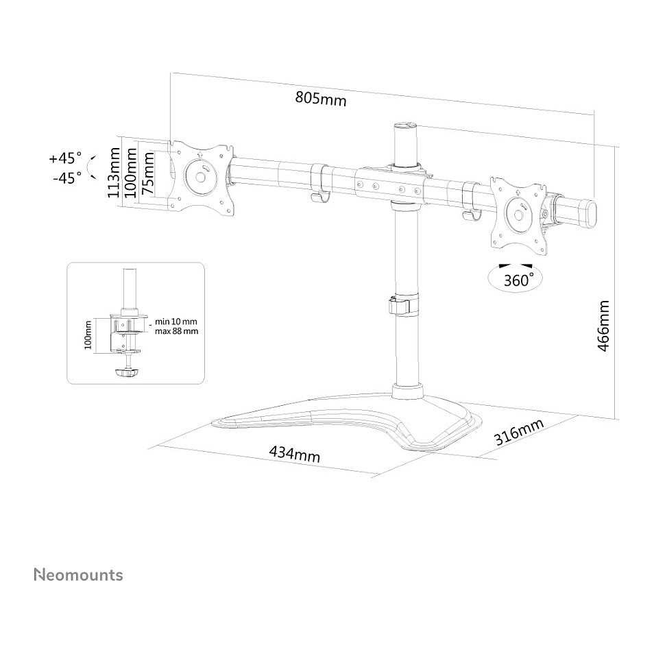Neomounts Full-Motion-Tischhalterung für 10-27" Bildschirme 16KG NM-D335DBLACK Black