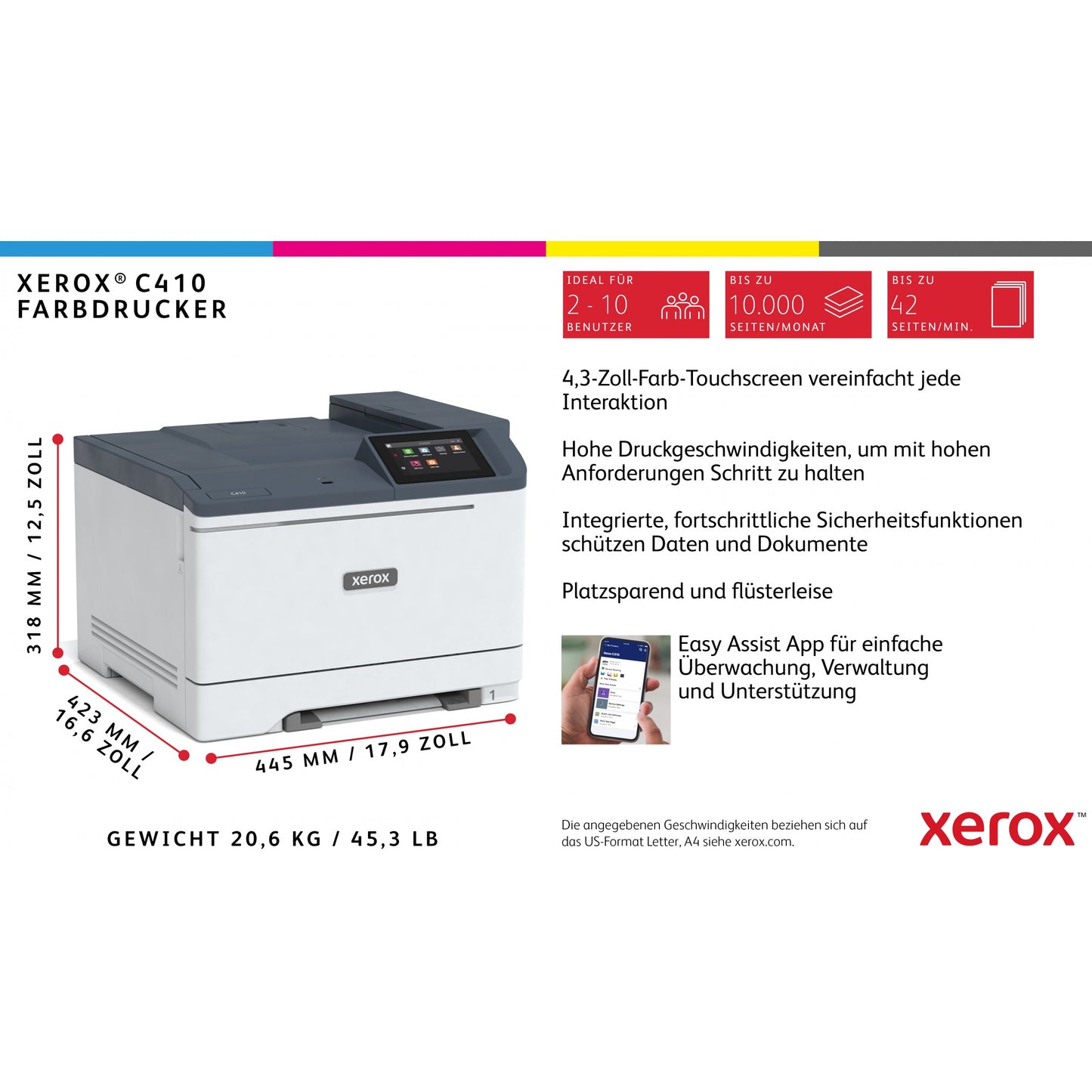 FL Xerox C410 Farblaserdrucker A4 40 S./Min. LAN Duplex