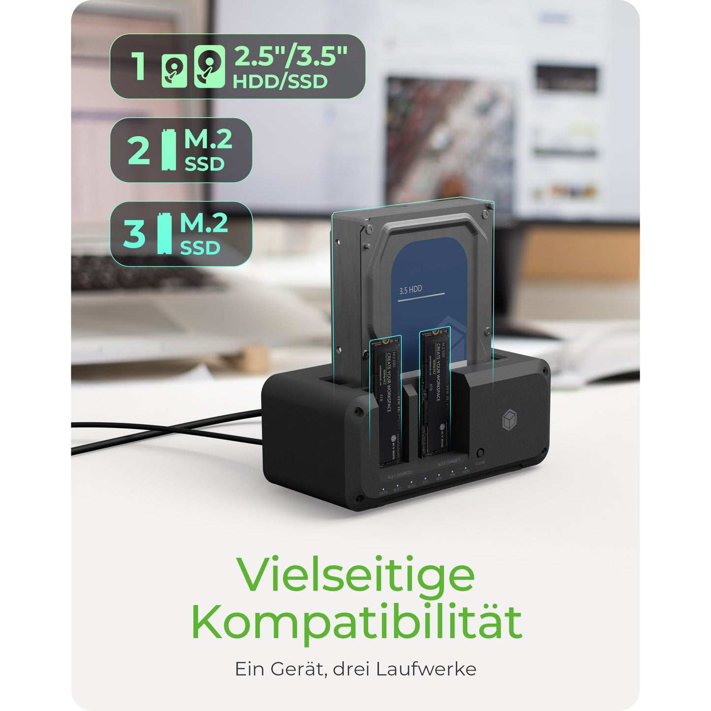 ICY BOX IB-2924MSCL-C31 USB-C 3.2 Klon- und DockingStation für 2,5"/3,5" SATA HDD und M.2 NVMe SSD