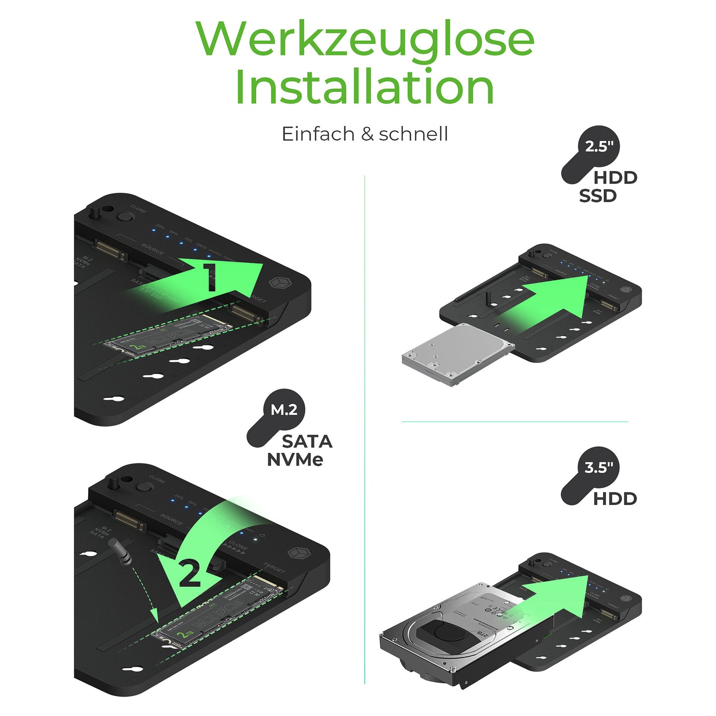 ICY BOX IB-2913MCL-C31 USB-C 3.2 Klon- und DockingStation für 2x M.2 NVMe/SATA SSD und 3,5"/2,5" HDD/SSD