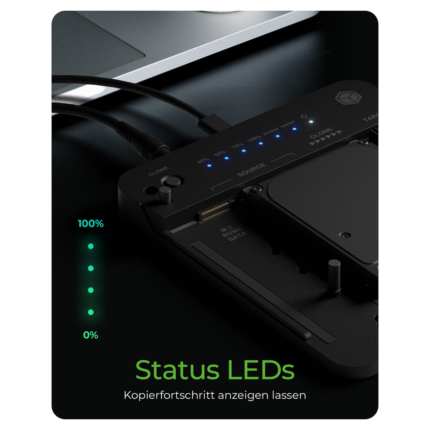 ICY BOX IB-2913MCL-C31 USB-C 3.2 Klon- und DockingStation für 2x M.2 NVMe/SATA SSD und 3,5"/2,5" HDD/SSD