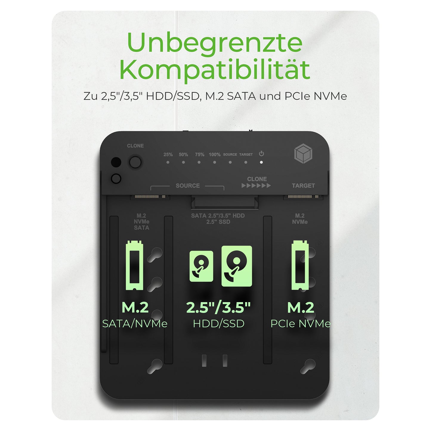 ICY BOX IB-2913MCL-C31 USB-C 3.2 Klon- und DockingStation für 2x M.2 NVMe/SATA SSD und 3,5"/2,5" HDD/SSD