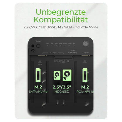 ICY BOX IB-2913MCL-C31 USB-C 3.2 Klon- und DockingStation für 2x M.2 NVMe/SATA SSD und 3,5"/2,5" HDD/SSD