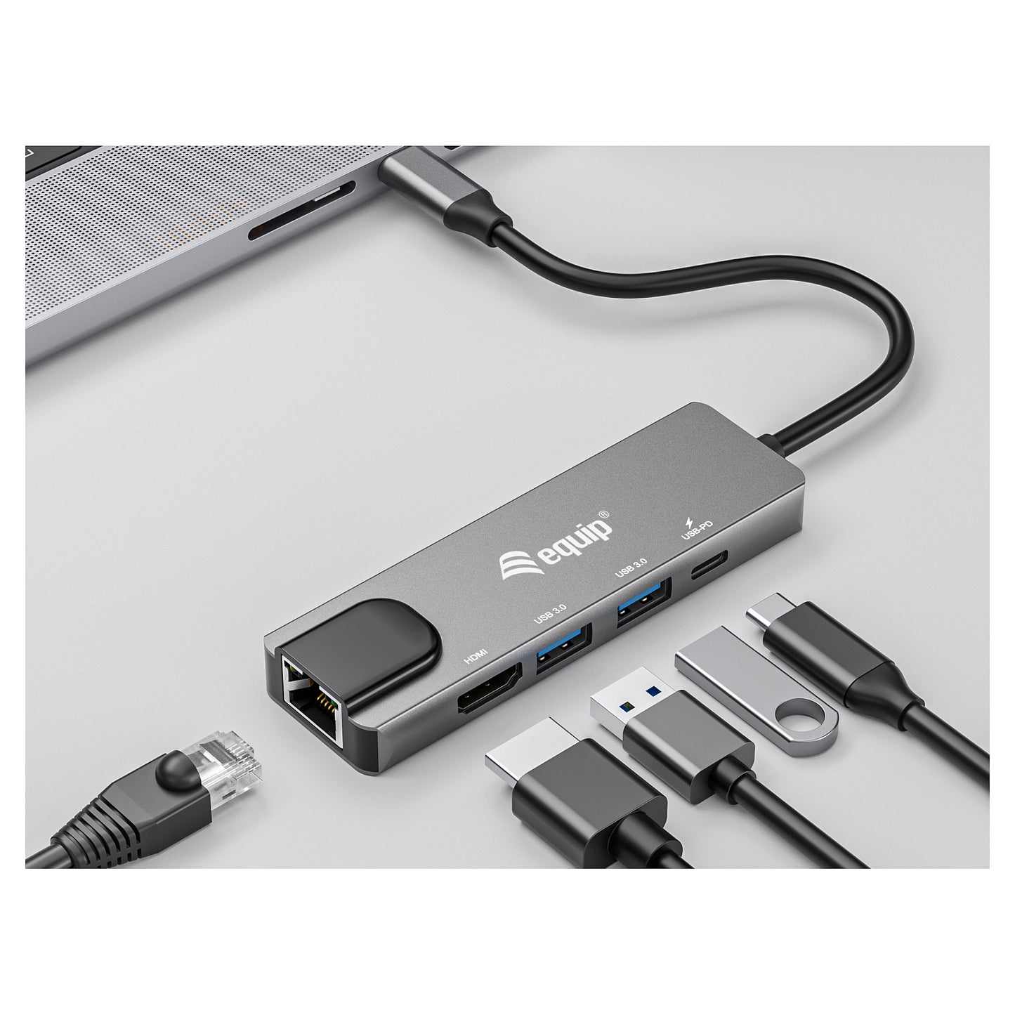 Equip Dock USB-C->HDMI.2xUSB3.0.GbE.100WPD 25cm si
