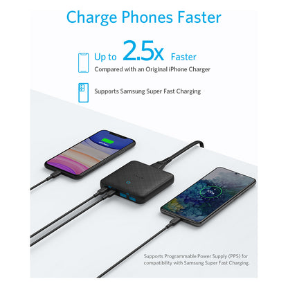 Anker 543 PowerPort Atom III Charger 65W Slim 4-Port GaN 1 x USB-C 45W 1 x USB-C 20W 2 x USB-A