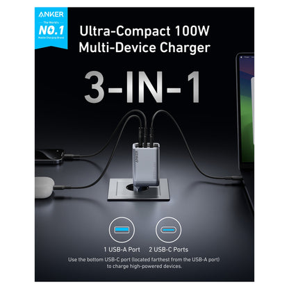 Anker Prime Charger 100W 3 Ports GaN 1 x USB-A 2 x USB-C