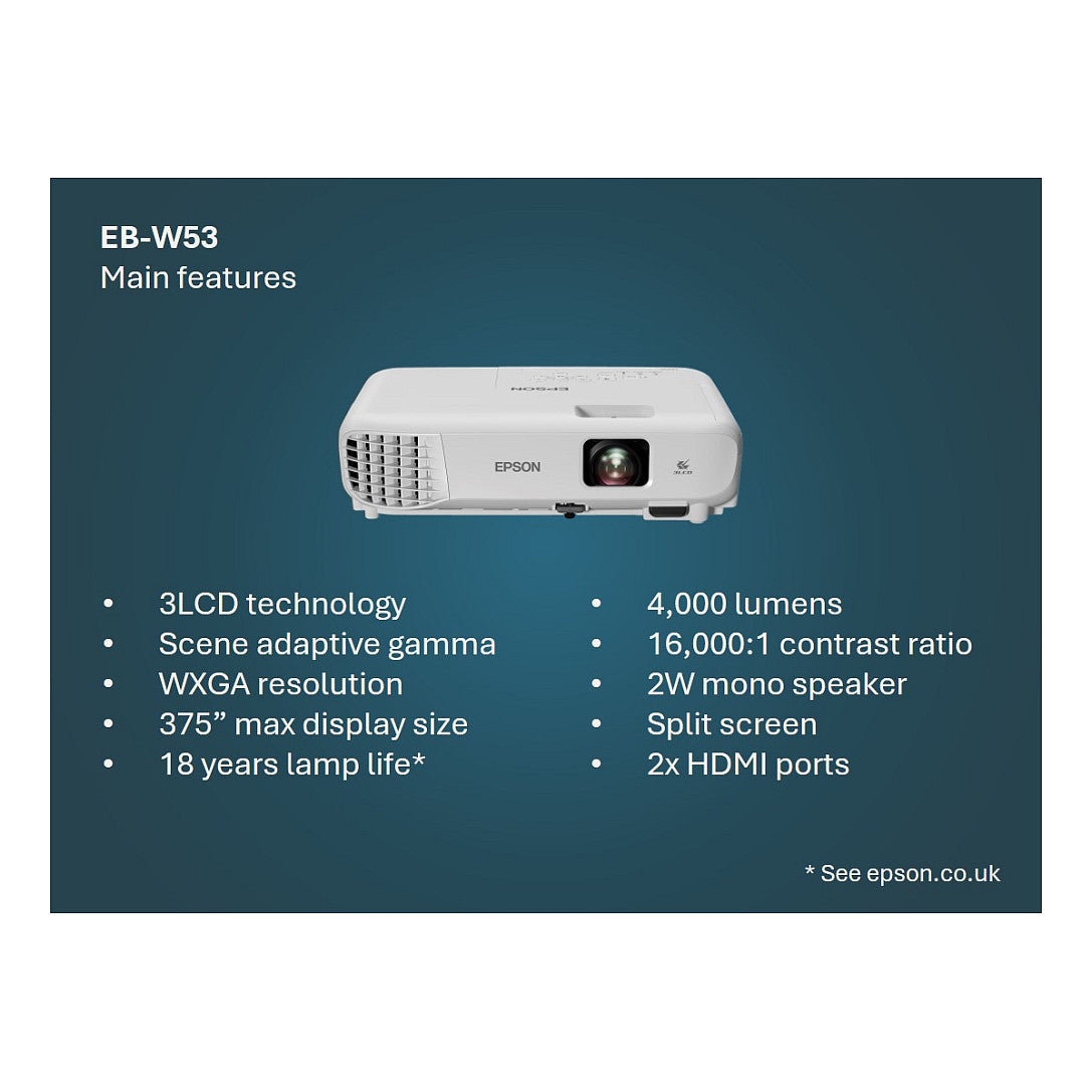 (1280x800) Epson EB W53 3LCD Projektor 4000 Lumen WXGA weiß