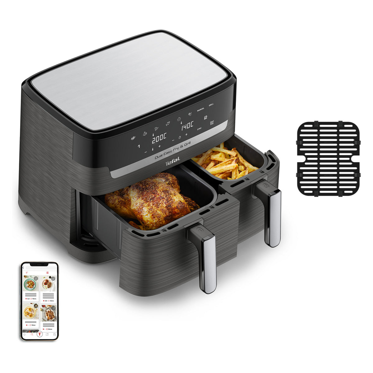 Dual Easy Fry & Grill EY905B, Heißluftfritteuse, 8,3 l, Doppel, Grau, Berührung, Eigenständig