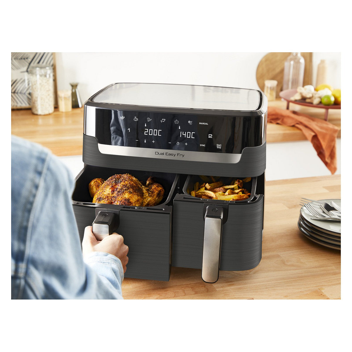 Dual Easy Fry & Grill EY905B, Heißluftfritteuse, 8,3 l, Doppel, Grau, Berührung, Eigenständig