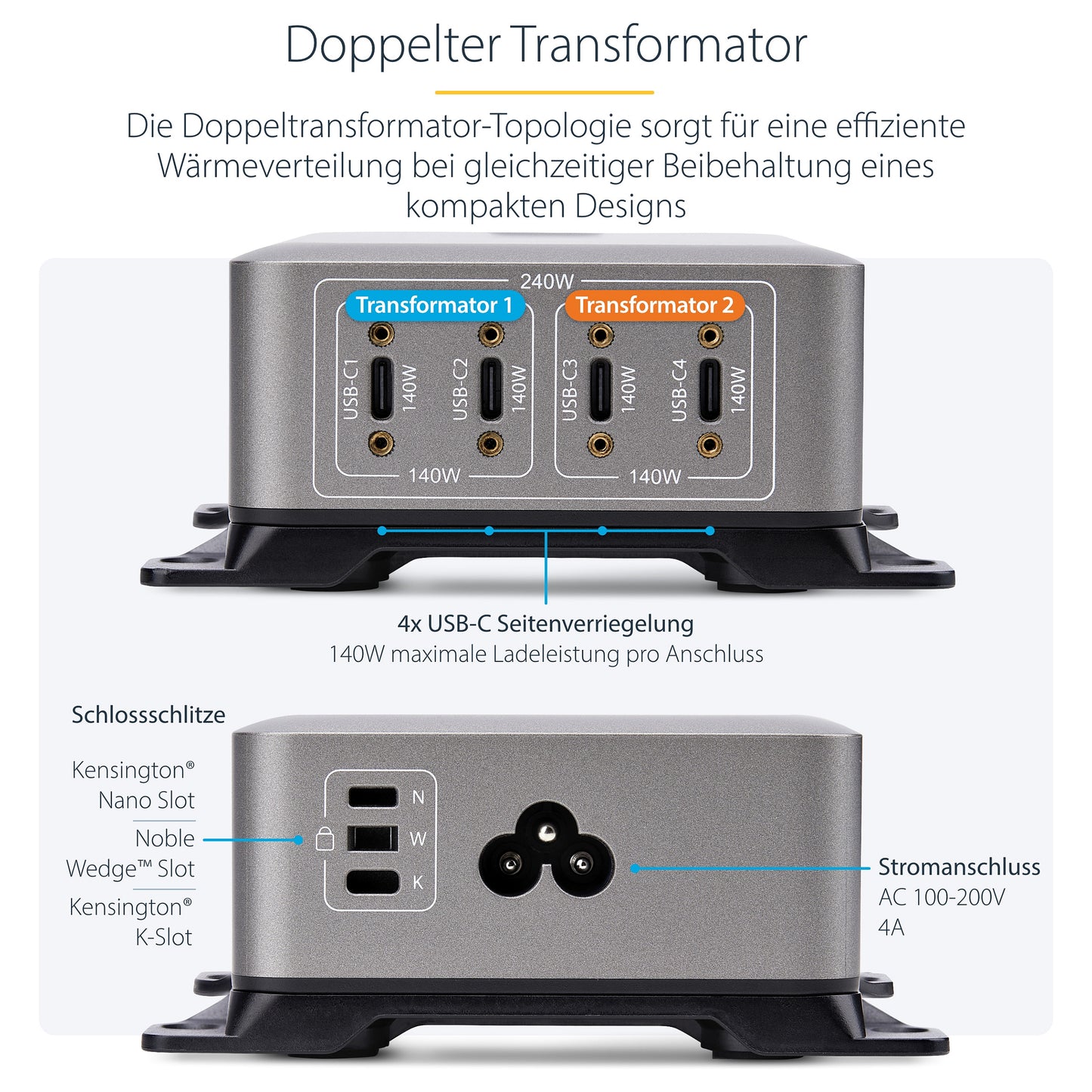 StarTech 4 Port USB C GaN Ladegerät 240W PD 3.1 Silber