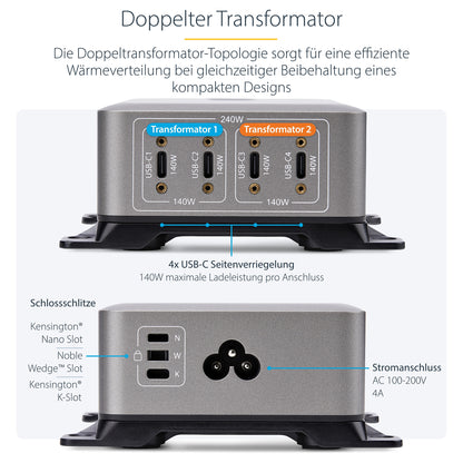 StarTech 4 Port USB C GaN Ladegerät 240W PD 3.1 Silber