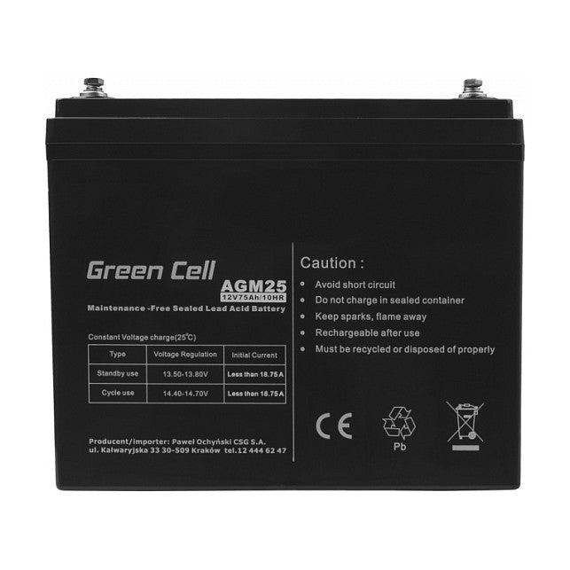 Green Cell AGM25 Plombierte Bleisäure 75Ah 12V