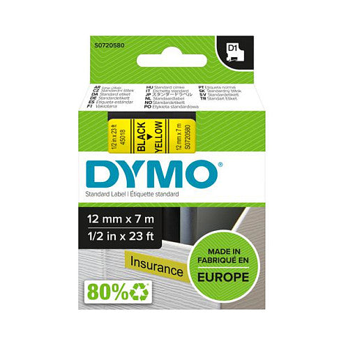 Dymo D1 Etiketten S0720580 Selbstklebend 12 mm x 7 m Schwarz auf Gelb
