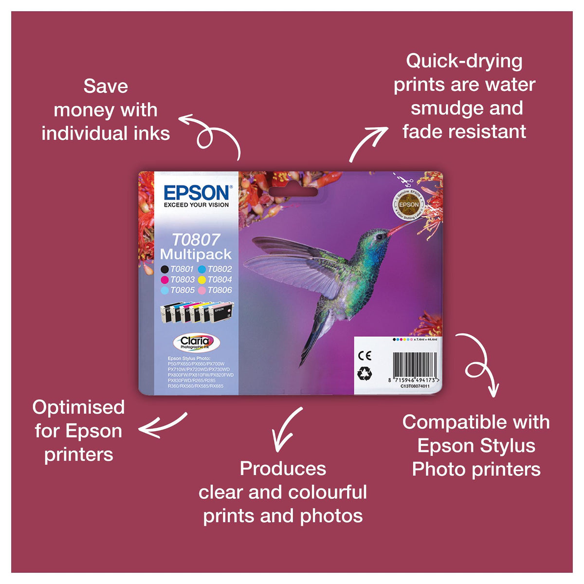 Epson Tinte 5LB T0801 ink cartridge black standard capacity 7.4ml 330 pages 1-pack blister without alarm