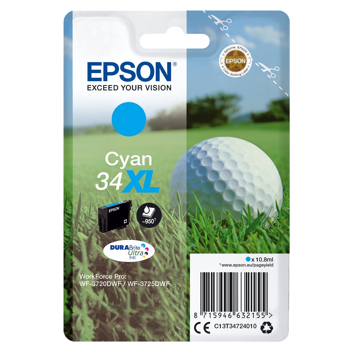 Epson Golf ball Singlepack Cyan 34XL DURABrite Ultra Ink