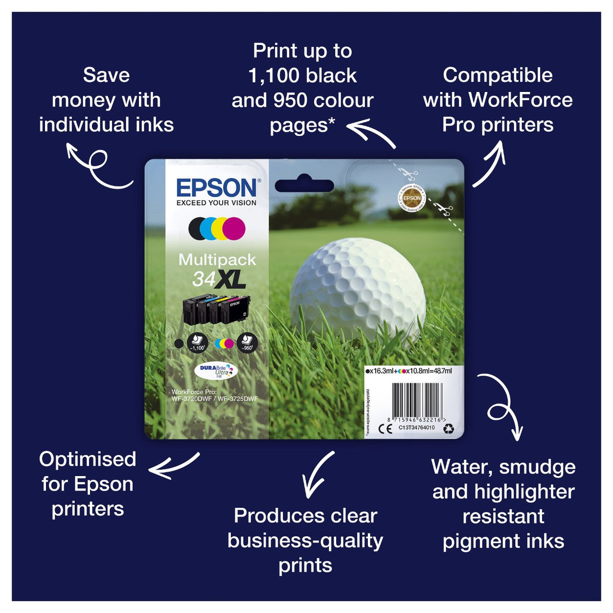 Epson Golf ball Singlepack Cyan 34XL DURABrite Ultra Ink