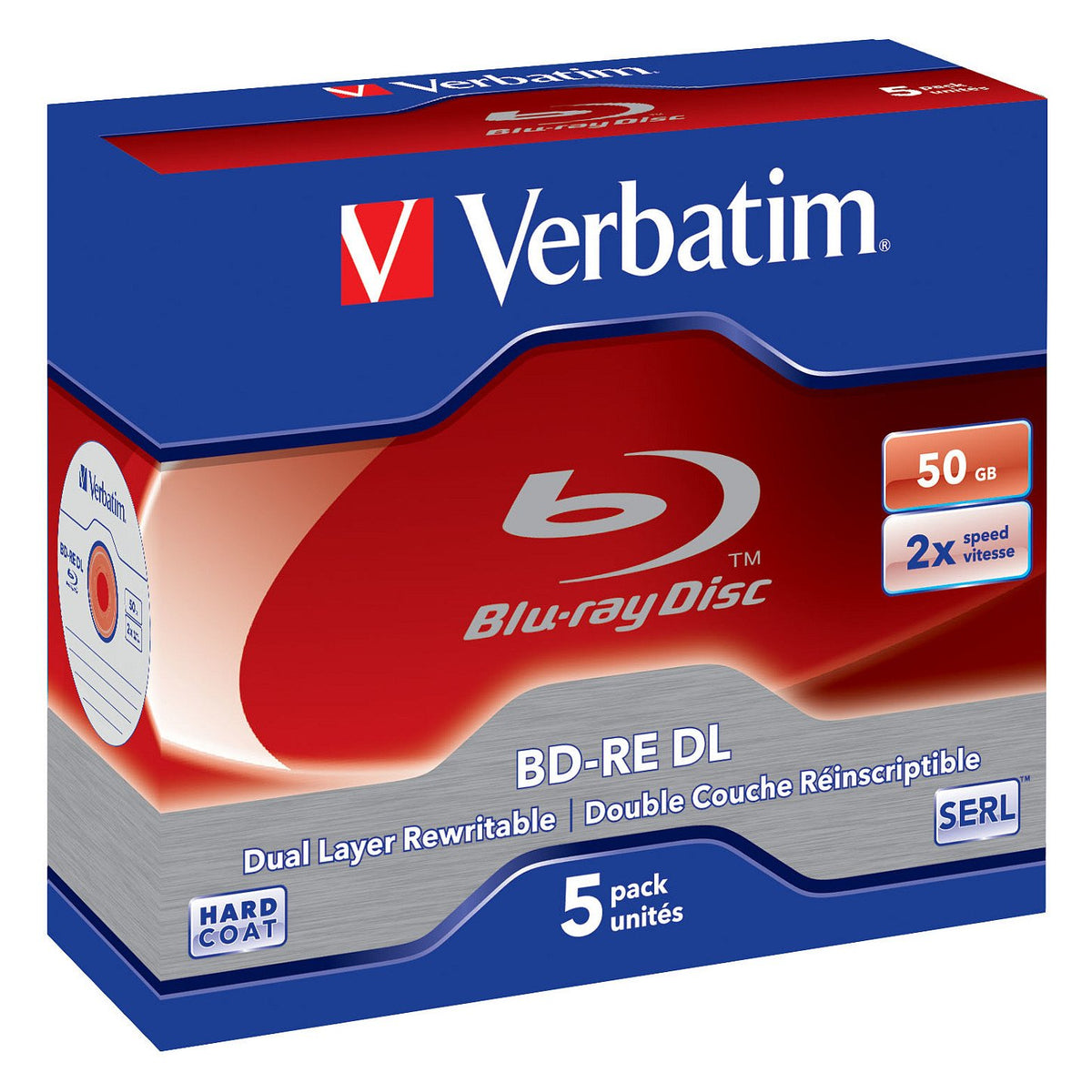 1x5 Verbatim BD-RE Blu-Ray 50GB 2x Speed, White Blue Surface JC