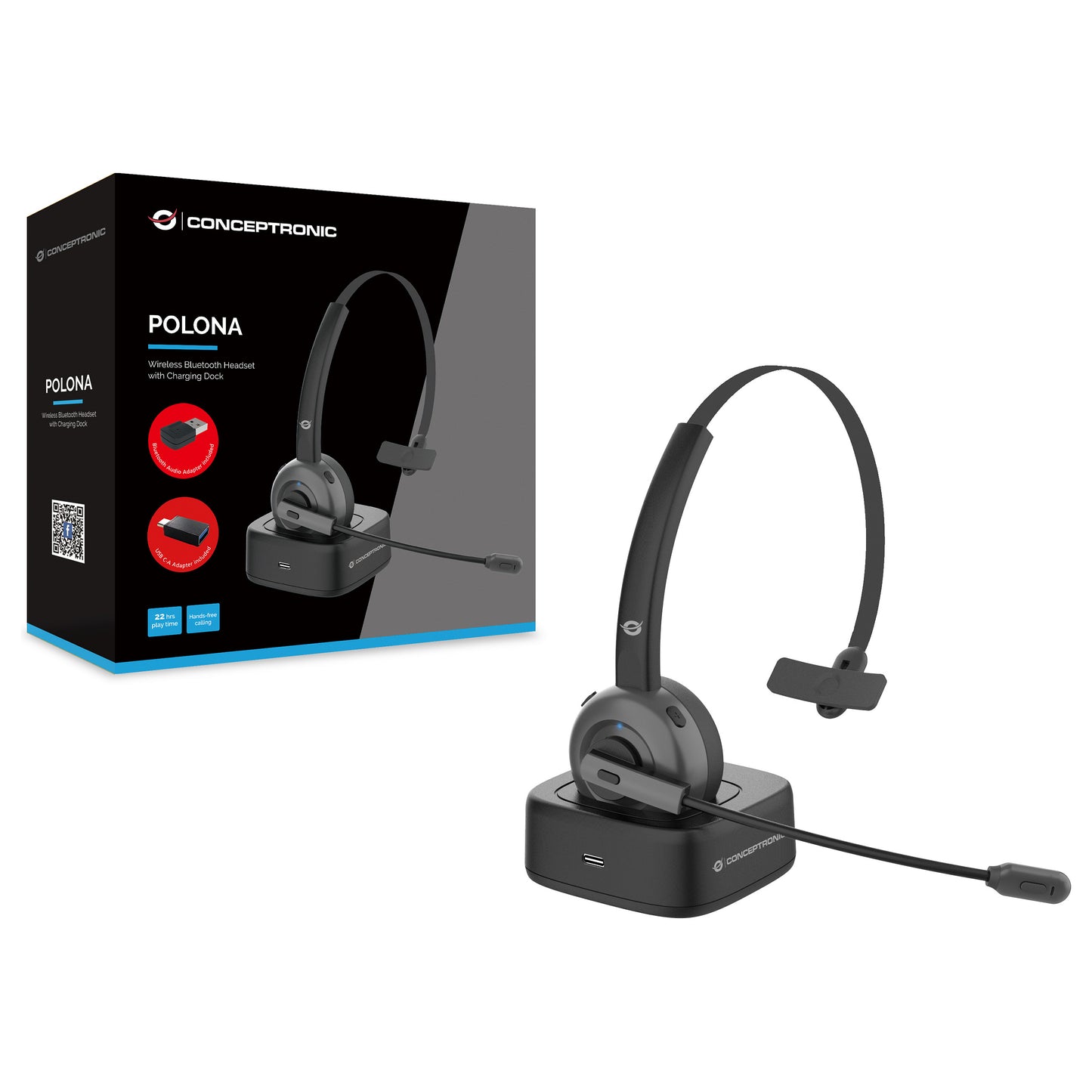CONCEPTRONIC Headset Mono WLS BT5.0/Mikro/ANC/Dock/+22Std sw