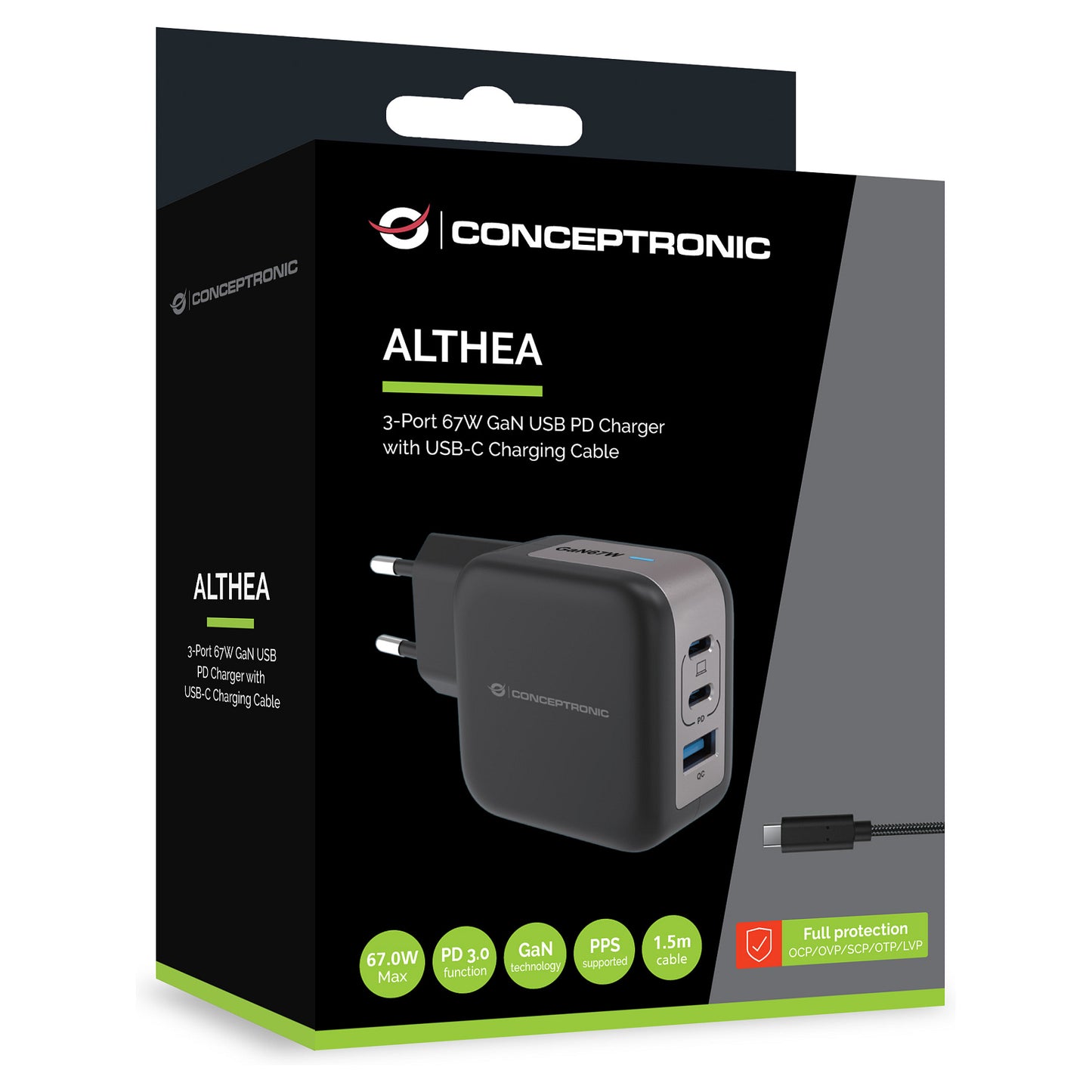 CONCEPTRONIC Ladegerät 3Port GaN 2xUSB-C/1xA 67WPD3.0/PPS sw