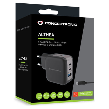 CONCEPTRONIC Ladegerät 3Port GaN 2xUSB-C/1xA 67WPD3.0/PPS sw