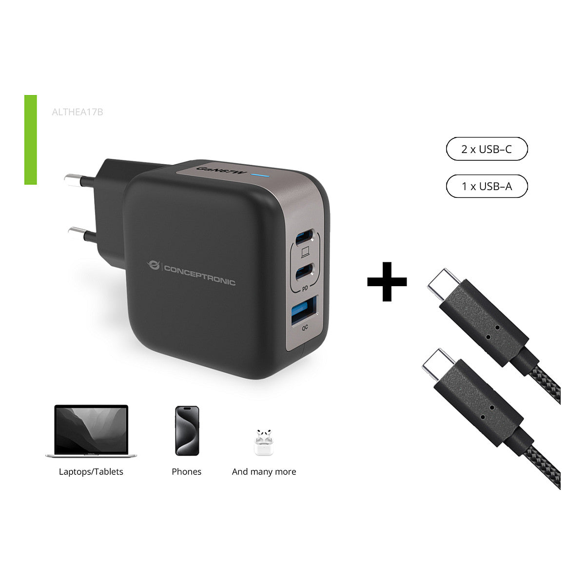 CONCEPTRONIC Ladegerät 3Port GaN 2xUSB-C/1xA 67WPD3.0/PPS sw