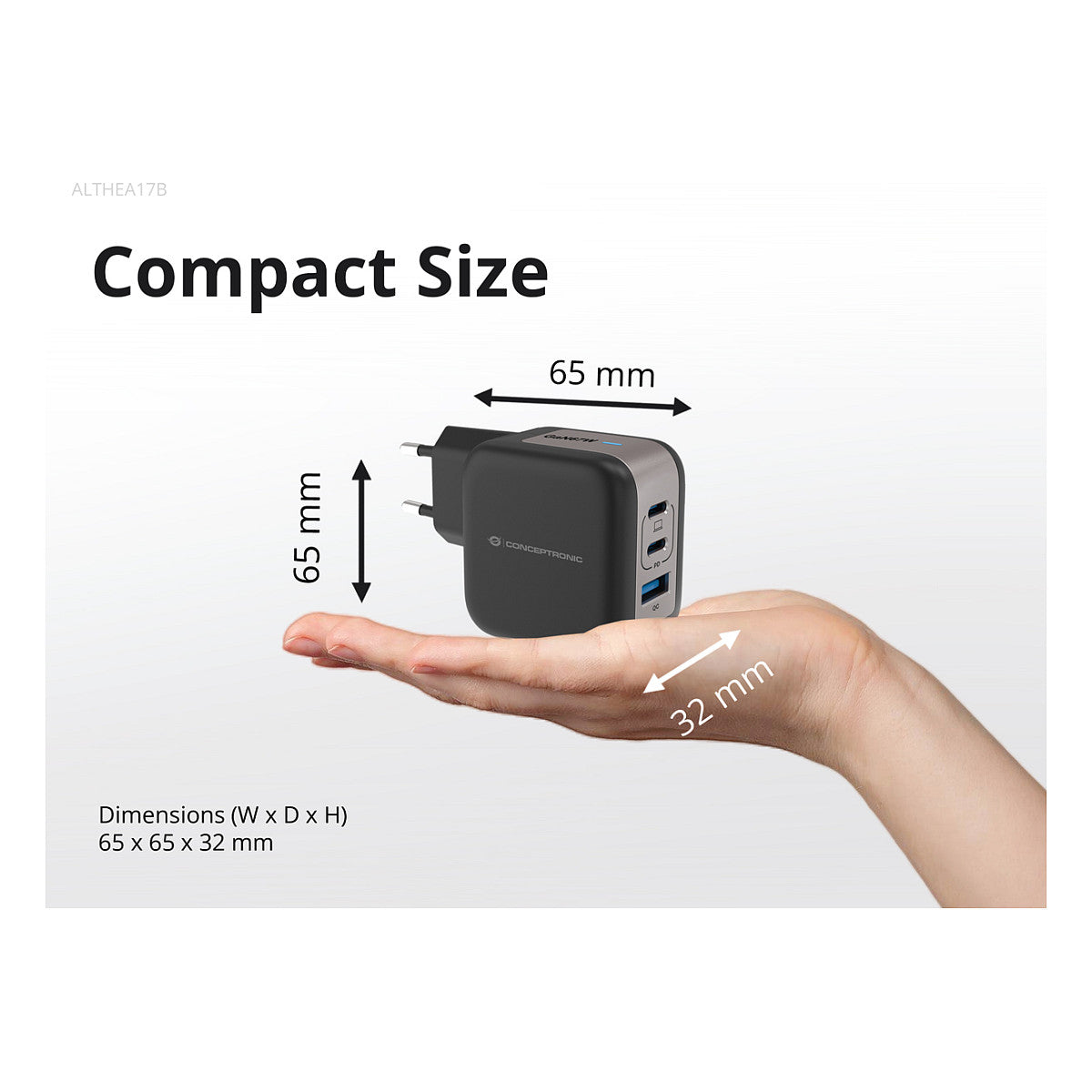 CONCEPTRONIC Ladegerät 3Port GaN 2xUSB-C/1xA 67WPD3.0/PPS sw