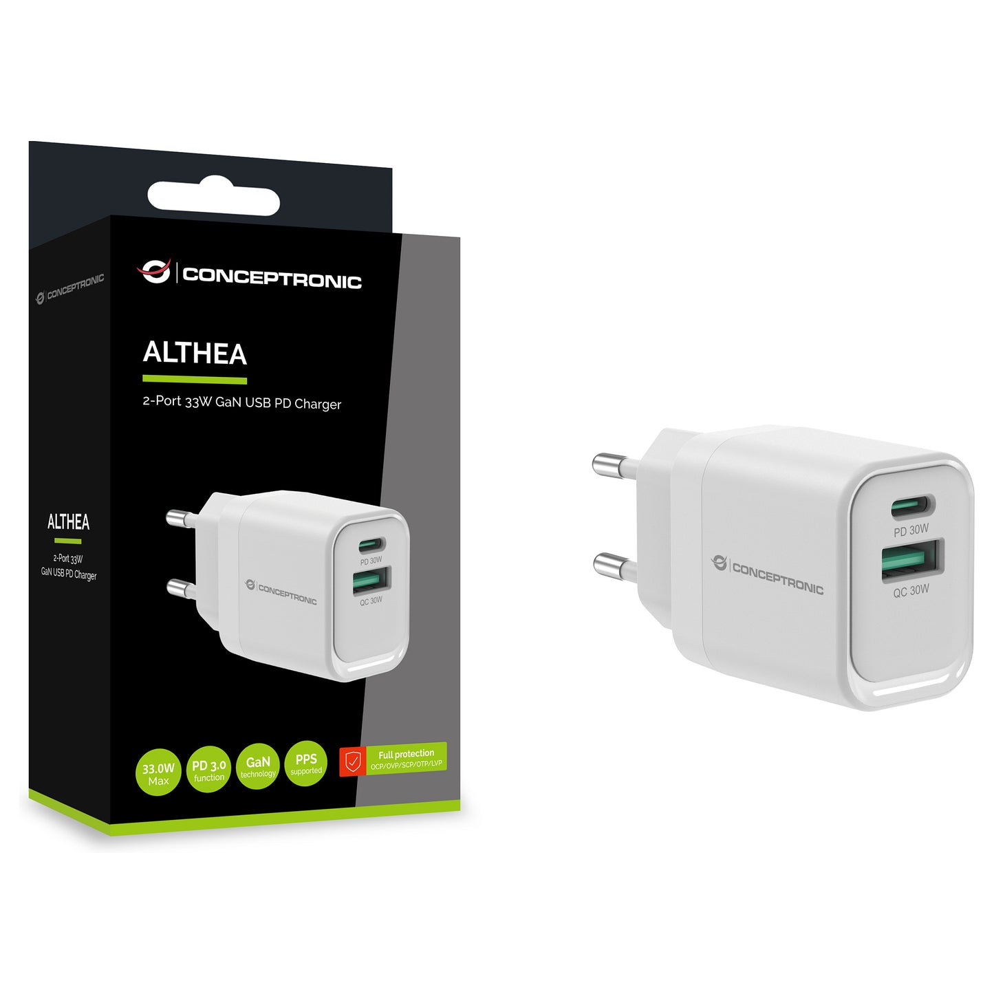 CONCEPTRONIC Ladegerät 2Port GaN USB-C/-A 33WPD3.0/PPS ws