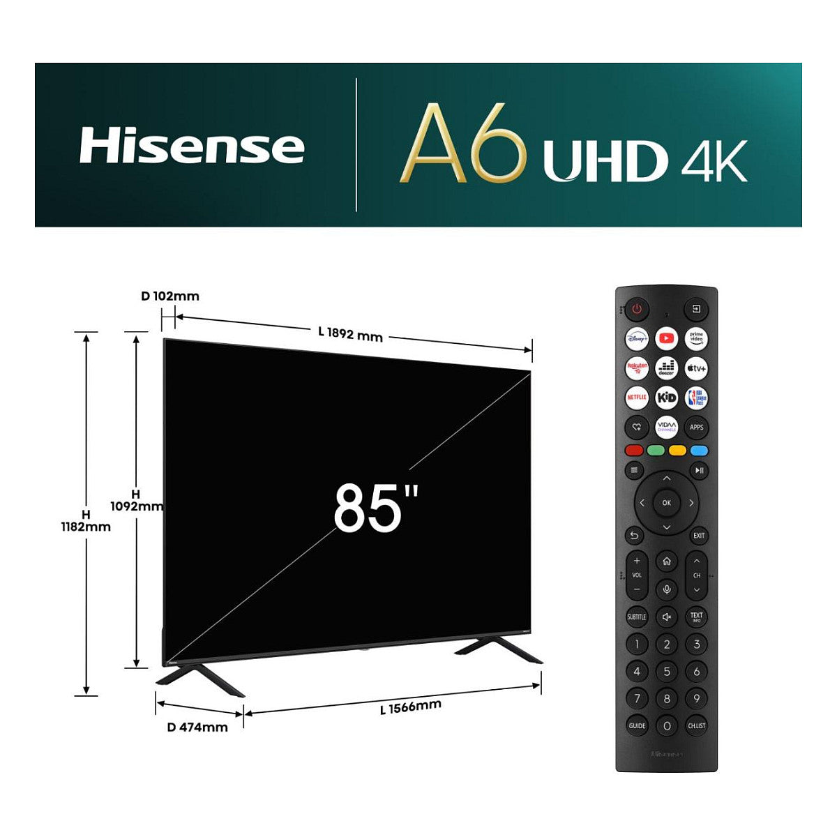 215,0cm/85" (3840x2160) Hisense 85E6NT 16:9 DLED 60Hz HDMI USB WLAN Bluetooth HDR10+ Speaker Black