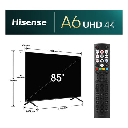 215,0cm/85" (3840x2160) Hisense 85E6NT 16:9 DLED 60Hz HDMI USB WLAN Bluetooth HDR10+ Speaker Black