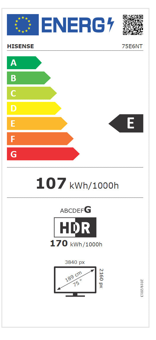 189,0cm/75" (3840x2160) Hisense 75E6NT 16:9 DLED 60Hz HDMI USB WLAN Bluetooth HDR10+ Speaker Black