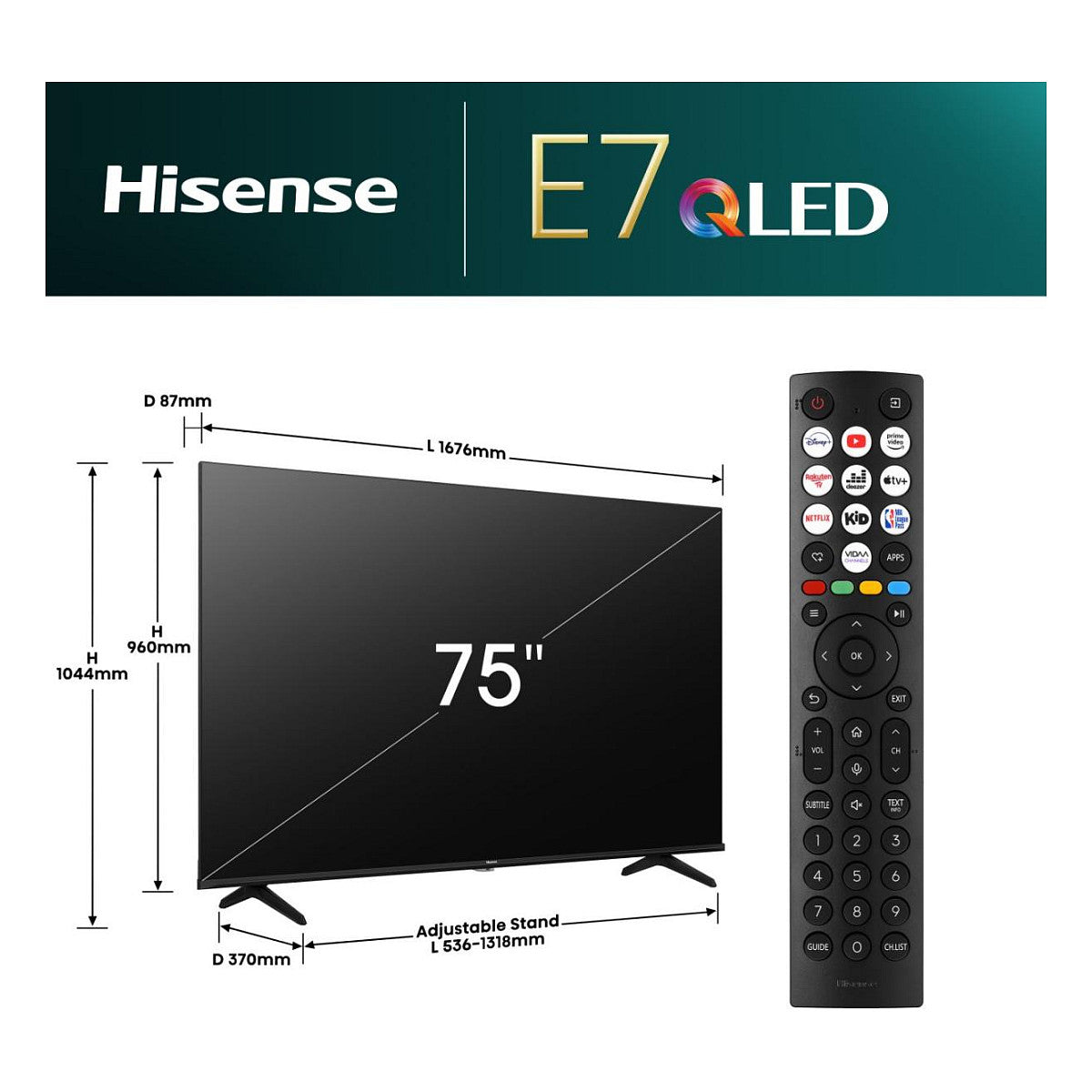 189,0cm/75" (3840x2160) Hisense 75E77NQ 16:9 QLED 60Hz HDMI USB WLAN Bluetooth HDR10+ Speaker Black