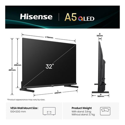 80,0cm/32" (1920x1080) Hisense 32A5NQ 16:9 QLED 60Hz HDMI USB WLAN Bluetooth HDR10 Speaker Black