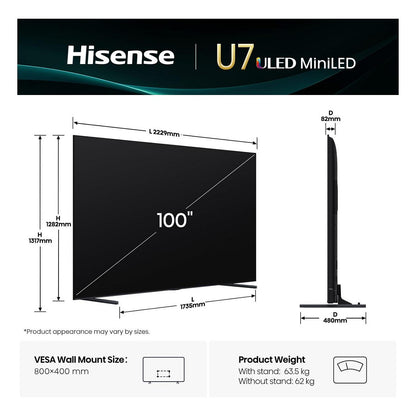 254,0cm/100" (3840x2160) Hisense 100U7NQ 16:9 Mini LED 144Hz HDMI USB WLAN Bluetooth HDR10+ Adaptive Speaker Black