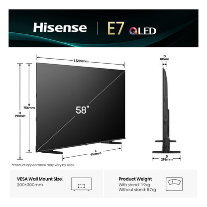 146cm/58" (3840x2160) Hisense 58E77Q 16:9 QLED 8ms 60Hz 3x HDMI 2x USB LAN WLAN Triple-Tuner HDR10+ Dolby Vision Alexa VIDAA Black